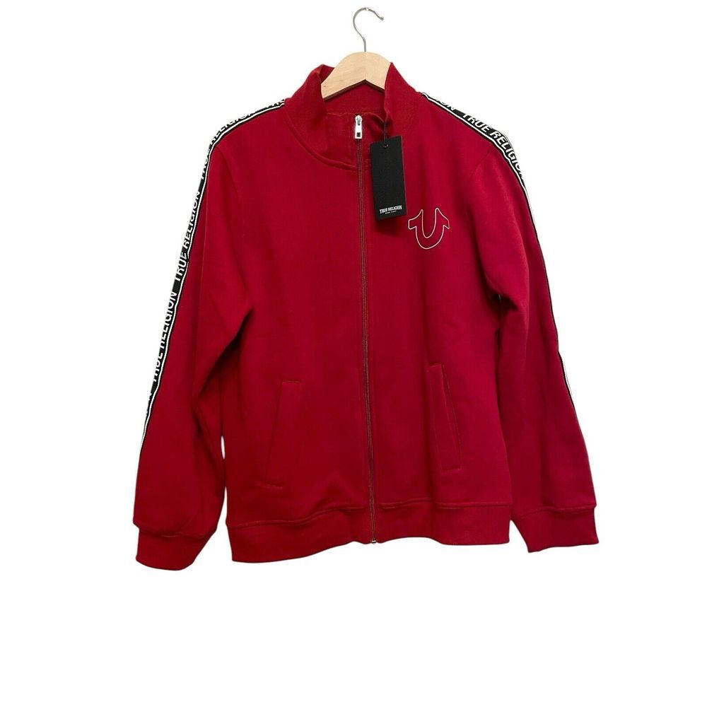 True Religion Men Logo Trim Track Jacket Size Small Red Sweatshirt Full Zip NEW